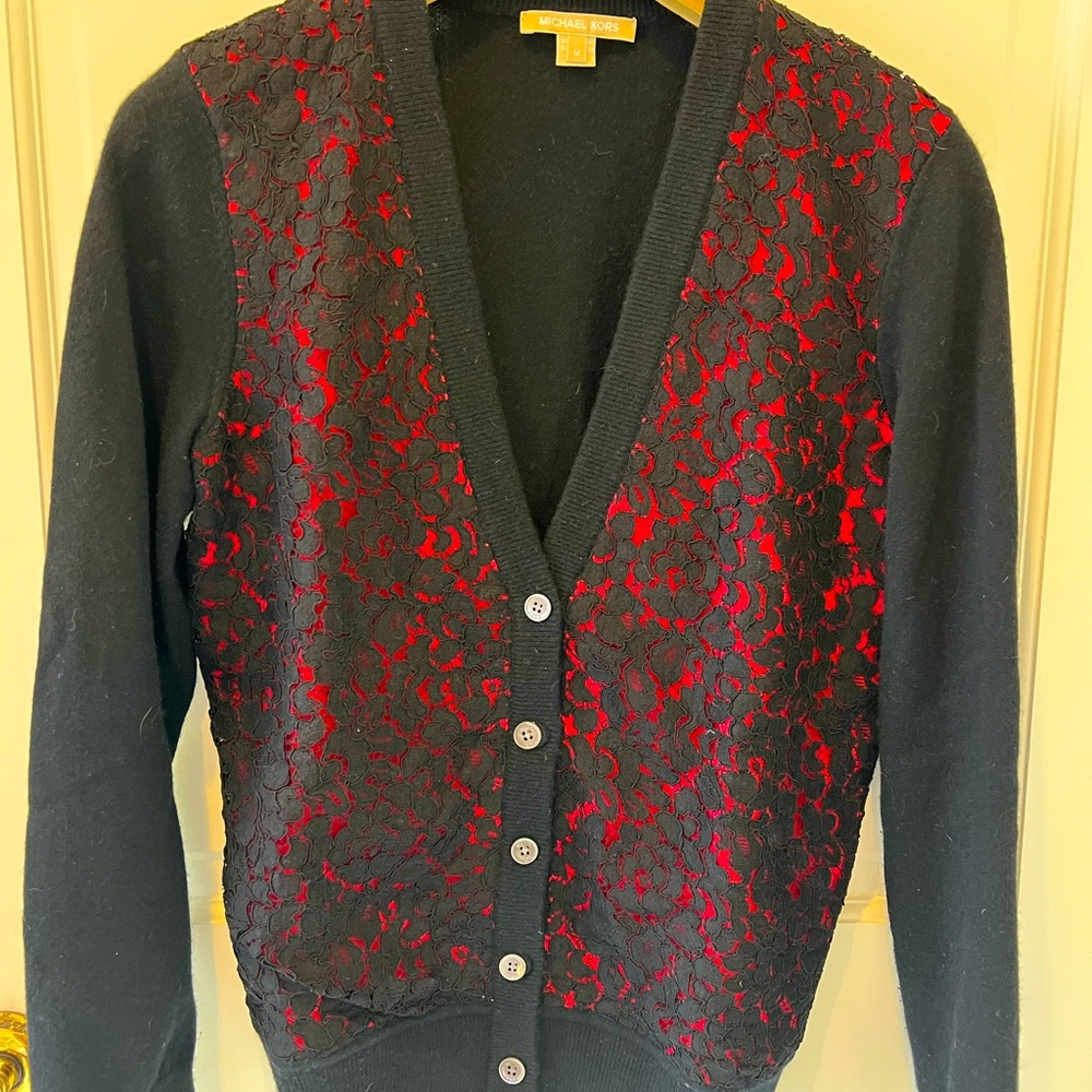 Michael Kors Collection Women’s black and red lace front cashmere cardigan. M